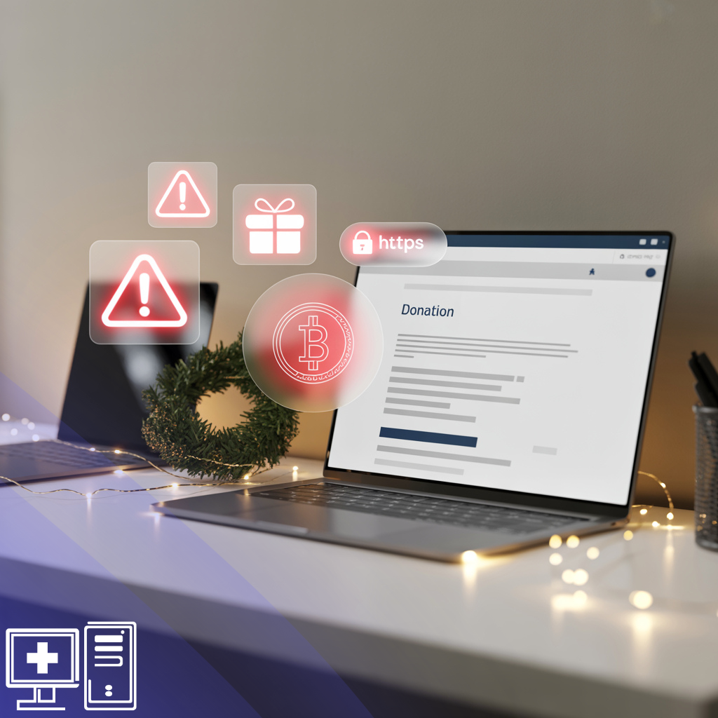 SMB charity scam prevention<br />
A laptop displays a donation page; faint red-flag icons (exclamation triangle, gift card, crypto coin) hover subtly near the screen. A lock icon or browser bar shows HTTPS.