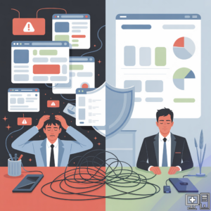 Managed IT services for small businesses on the right side with a happy client, messy business on the left without managed IT