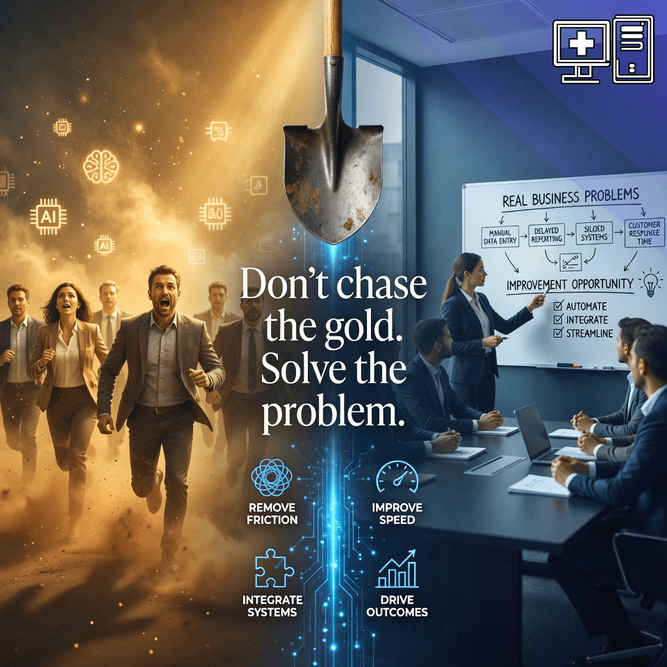 Illustration contrasting a crowd chasing gold with a team solving real business problems — 'Don't chase the gold. Solve the problem.'
