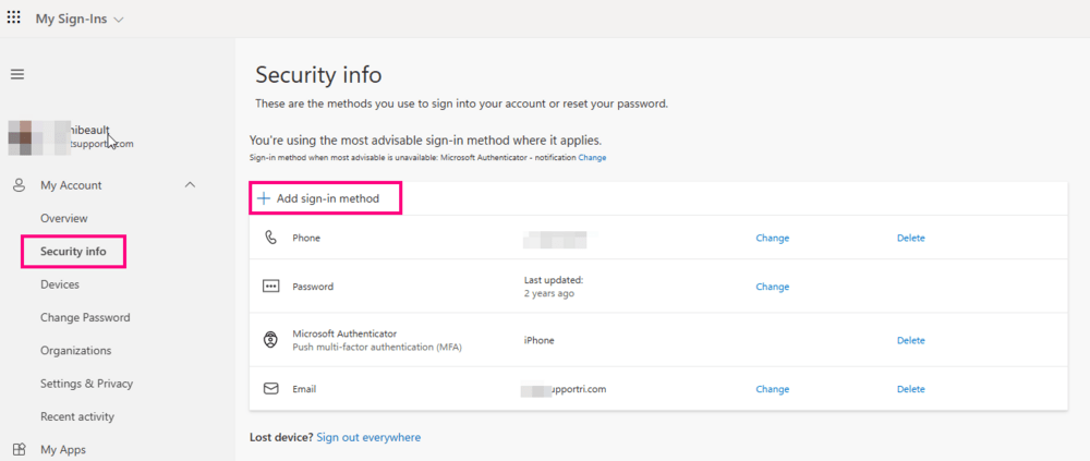 Microsoft 365 security-info page with Add sign-in method highlighted