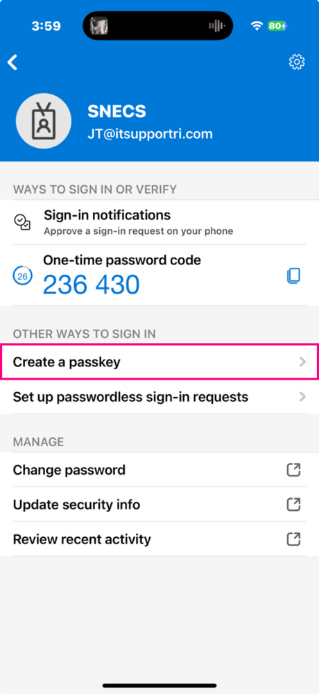 Microsoft Authenticator showing the Create a passkey button