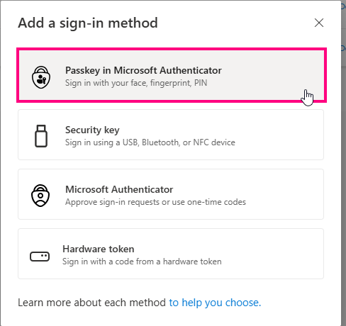 The new passkey shown in the list of sign-in methods