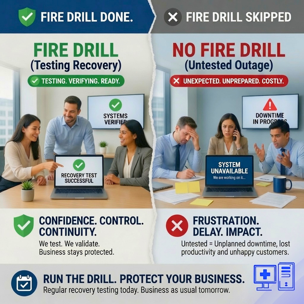 Side-by-side comparison: a team confidently reviewing a successful backup recovery test versus a stressed team facing an untested outage