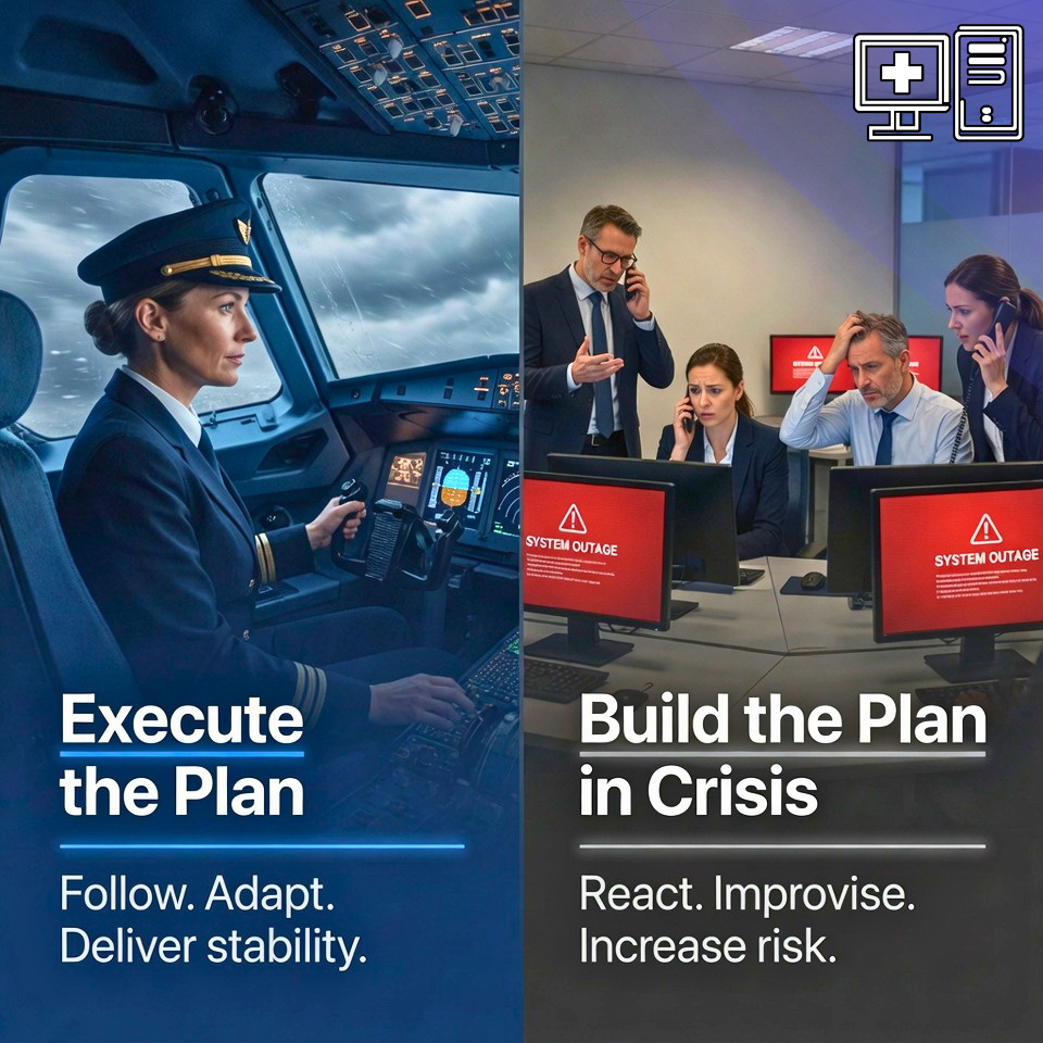 Split illustration: a focused airline pilot executing a plan during turbulence beside a stressed office team scrambling during a system outage — 'Execute the Plan' vs 'Build the Plan in Crisis.'