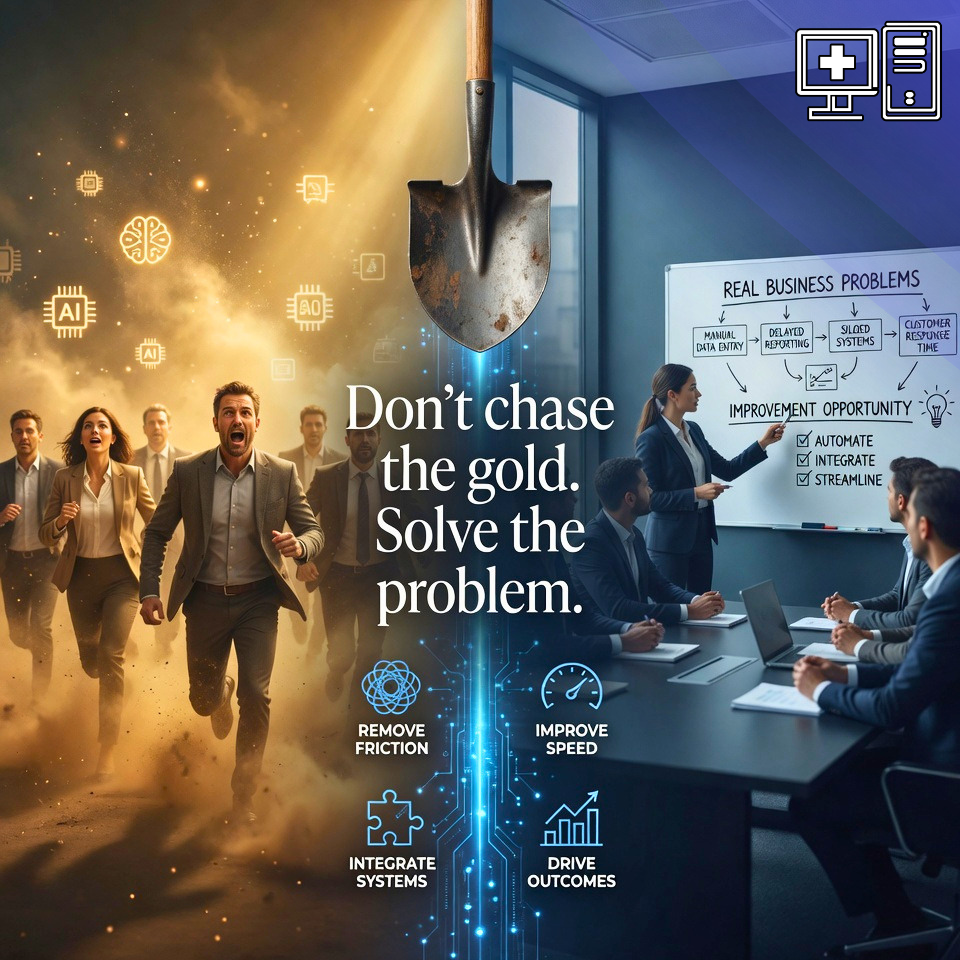 Illustration contrasting a crowd chasing gold with a team solving real business problems — 'Don't chase the gold. Solve the problem.'
