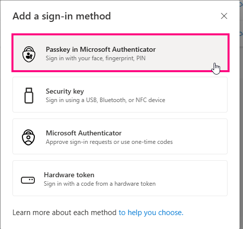 The new passkey shown in the list of sign-in methods